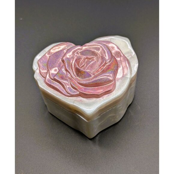 Handmade Iridescent Pink Rose Heart-Shaped Resin Trinket Box NEW - Picture 7 of 8